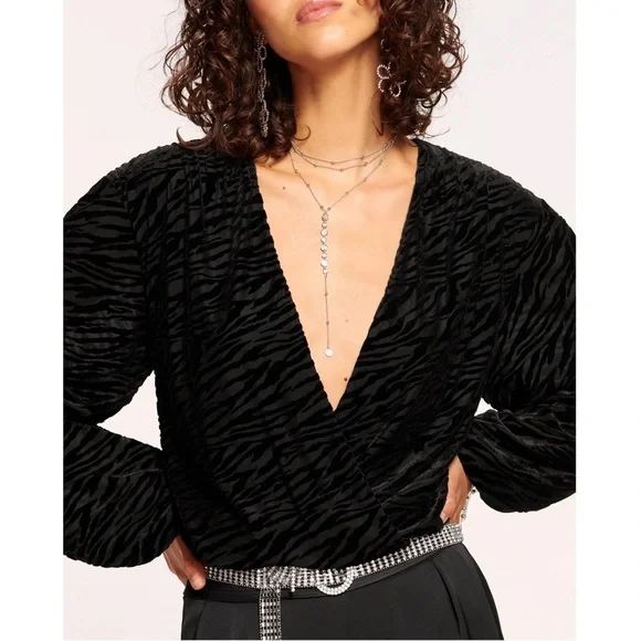 RAMY BROOK Zebra Stripe Velvet Burnout Puff Long Sleeve Draped V-Neck Top XS - Picture 4 of 7